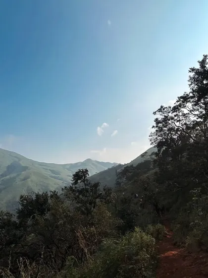 The scenic mountain ranges of the Western Ghats as seen from the Netravathi trek trail.