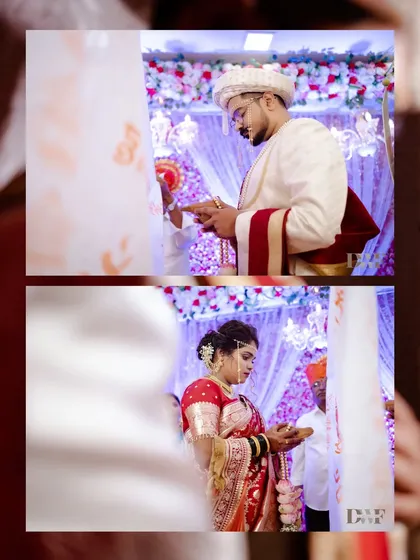 A collage capturing the anticipation of the Antarpat ritual, with the bride and groom on opposite sides of the cloth, ready for their first look.