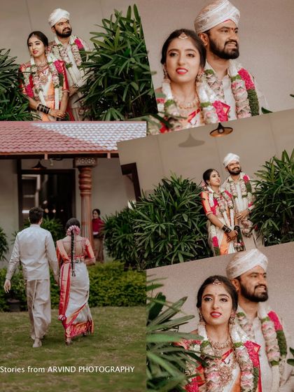 A collage capturing the couple's story on their wedding day, from walking together to posing for portraits amidst lush greenery.