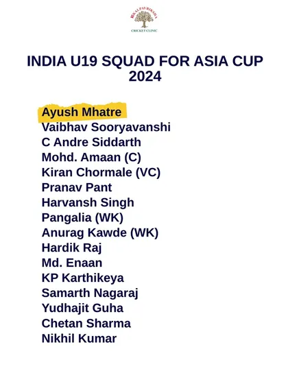 A graphic showing Ayush Mhatre's name in the India U19 squad list for the Asia Cup. Every selection is a step forward in a long journey.