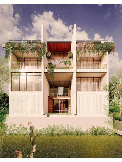 A rendering for the "House of Stone," a design that uses stone cladding and large glass openings. The focus is on creating transparent, light-filled spaces that connect inhabitants to the garden.