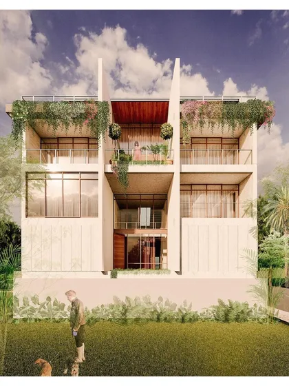 A rendering for the "House of Stone," a design that uses stone cladding and large glass openings. The focus is on creating transparent, light-filled spaces that connect inhabitants to the garden.