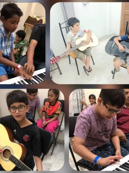 A collage showing students engrossed in their music lessons. Whether on the piano or guitar, each child is focused on mastering their instrument with the help of our dedicated teachers.