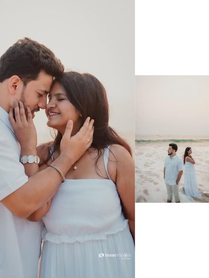 A collage showcasing different aspects of a beach pre-wedding shoot. It features an intimate close-up, a wide shot of the couple by the waves, and their loving connection.