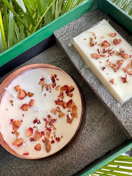 I love creating gift sets that tell a story. Here, I've paired my popular rose soy urli candle with a matching rose-scented soy wax tablet for a complete sensory experience.