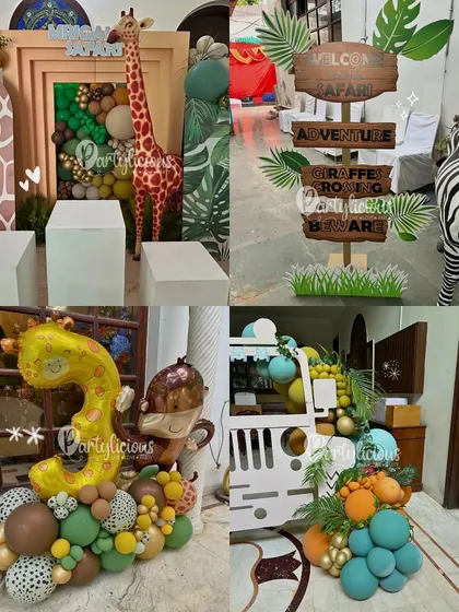 A collage showcasing the variety within our jungle safari theme. You can see the custom signage, a detailed balloon bouquet with a number, a life-sized jeep prop, and a tall giraffe, showing how we can scale the decor for any space.