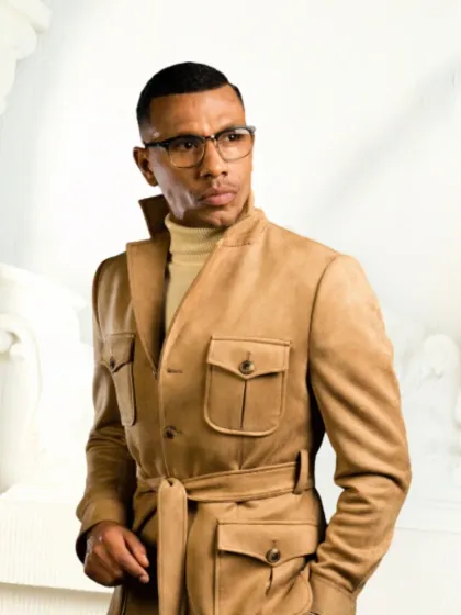 Another view of the sophisticated military coat. Paired with a turtleneck, it creates a powerful and elegant look that is both timeless and contemporary.