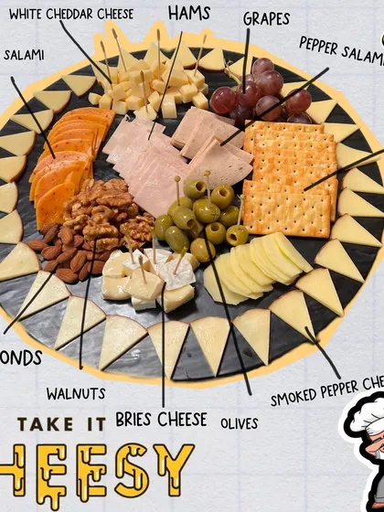 A detailed look at one of my "Take It Cheesy" platters. This board is generously packed with various hams, salami, multiple cheeses, crackers, nuts, olives, and grapes.