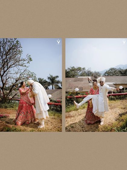 A collage of a couple having fun during their photoshoot. The groom playfully lifts the bride, showcasing their lighthearted and joyful relationship.