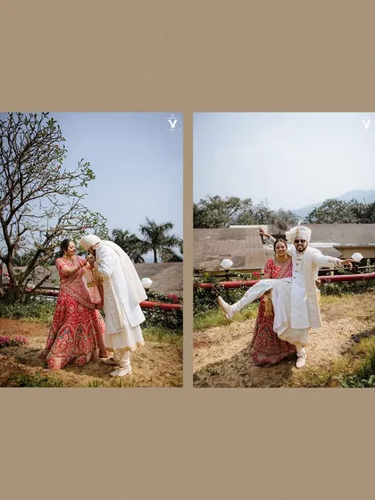 A collage of a couple having fun during their photoshoot. The groom playfully lifts the bride, showcasing their lighthearted and joyful relationship.