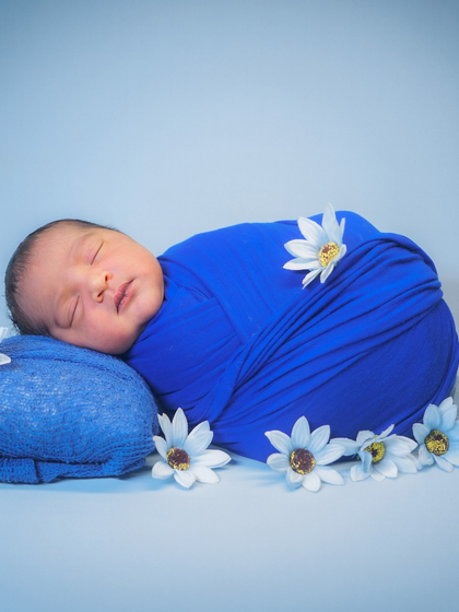 A beautiful shot of a newborn wrapped snugly in a royal blue swaddle, surrounded by white daisies. The color contrast is just stunning.