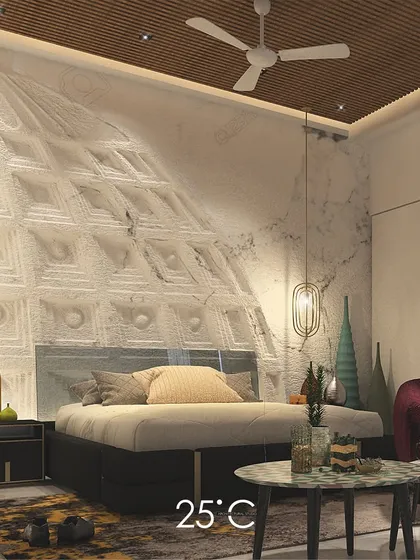 We designed this bedroom with a unique, large-scale 3D textured wall panel that serves as a dramatic headboard. The play of light and shadow on the geometric forms adds depth and character to this artistic and elegant space.