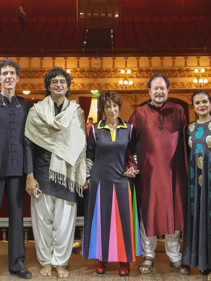 A group photo with the 'Jazz meets Kathak' artists on the iconic stage of the Royal Opera House. A truly memorable collaboration with artists from around the world.