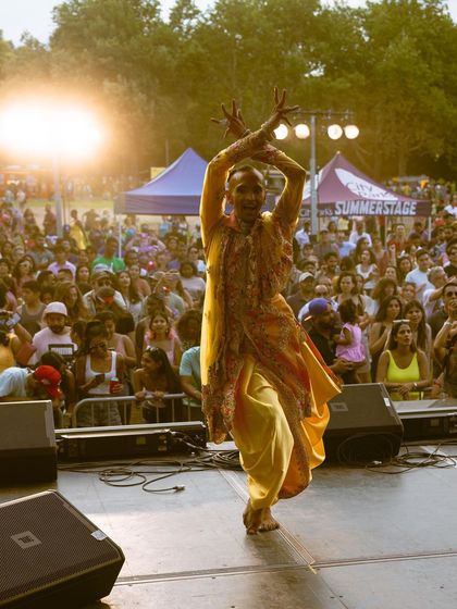 The incredible Zaman, a kathak dancer, performing at sunset during our Basement Bhangra Bacchanal. My event production blends different art forms, from DJs to live classical dancers, for a rich cultural experience.