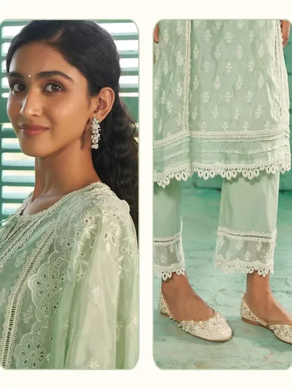 The details of the Aarina set are just lovely. Notice the delicate lace on the neckline and the hem of the pants, designed for a sophisticated finish.