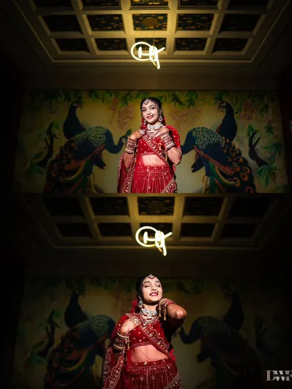 A collage of the bride's portraits against the peacock mural, with creative lighting that makes her stand out.