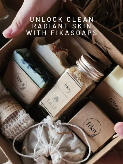 Unlocking clean, radiant skin is easy with my curated gift boxes. This box is packed with a variety of my handcrafted soaps, bath salts in a glass jar, and a soap saver pouch, offering a complete and nourishing skincare experience.