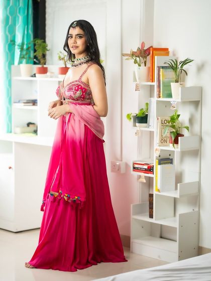 A full-length shot of my Diwali outfit. The ombre dupatta adds a beautiful touch to the ensemble.