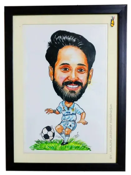 The final framed version of the football caricature. This shows how a custom drawing can become a beautiful piece of decor for a fan's room.