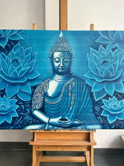 "Nirvana" is a 36 x 48 inch oil painting where I explored a monochromatic blue palette to evoke a feeling of deep serenity. I often create custom spiritual art like this to help clients build a tranquil atmosphere in their homes.