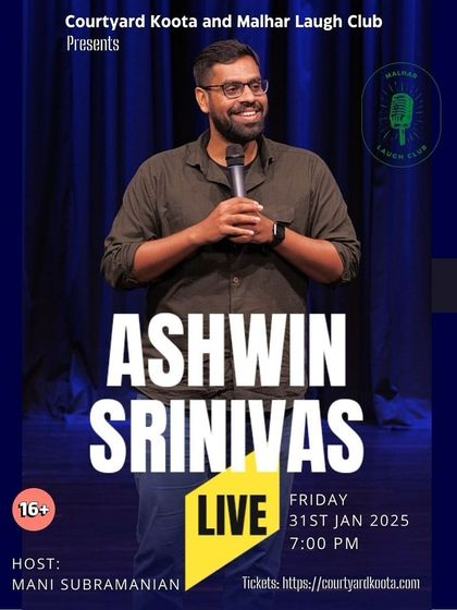 The poster for Ashwin Srinivas's show 'The Chosen One', kicking off Malhar Laugh Club's first show of 2025 with a bang.