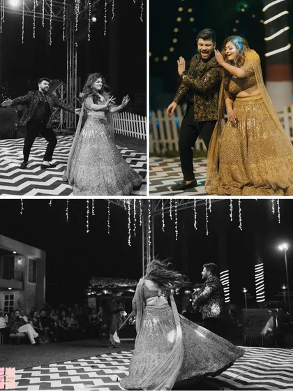 Capturing the fun and energy of the Sangeet night. The couple owns the checkered dance floor in these dynamic shots, showing how the right setup encourages a great party.