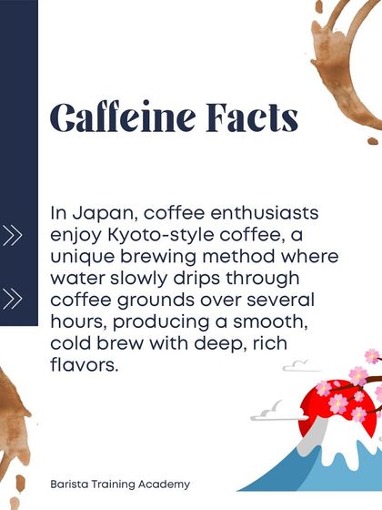 A caffeine fact about Kyoto-style coffee, a unique Japanese cold brew method that involves slowly dripping water over grounds for hours.