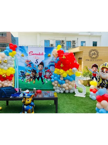 This shot captures the complete themed environment we created. From the entrance arch to the main backdrop, every element works together to immerse the children in the world of Paw Patrol.