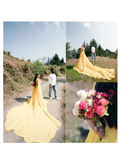 A collage from a sunny mountain pre-wedding shoot, highlighting the bride-to-be in her long yellow gown and a close-up of her colorful floral bouquet.