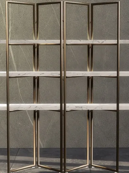 Our statement shelving unit redefines storage with a perfect balance of functionality and luxury. Crafted with a sleek, folding metal frame and pristine marble shelves, it is a piece of art for your space.
