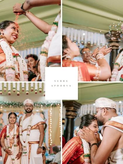 A vibrant collage from a traditional South Indian wedding. We capture everything from the showering of rice to the tying of the knot and the couple's first moments as husband and wife.