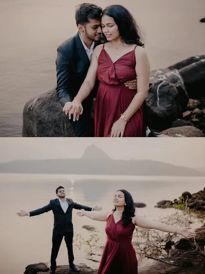 A collage showing two different moods from the same shoot. One is an intimate embrace, while the other is a joyful, freeing moment, showcasing the couple's dynamic relationship.