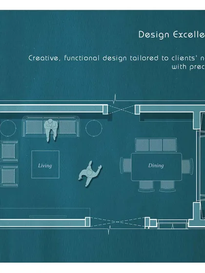 A blueprint-style plan showing the layout of a living and dining area, illustrating the design excellence I strive for.