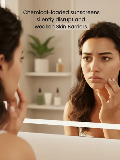 Many conventional sunscreens contain harsh chemicals that can silently disrupt and weaken your skin's natural barrier over time. When your barrier is compromised, your skin becomes more vulnerable to irritation and damage. I choose ingredients that strengthen your skin, not weaken it.