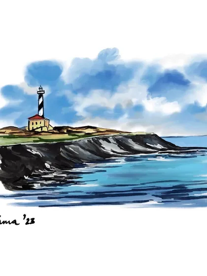 A lighthouse standing as a beacon of hope against a dramatic sky. This seascape illustration combines architectural drawing with natural elements to create a powerful and narrative scene.