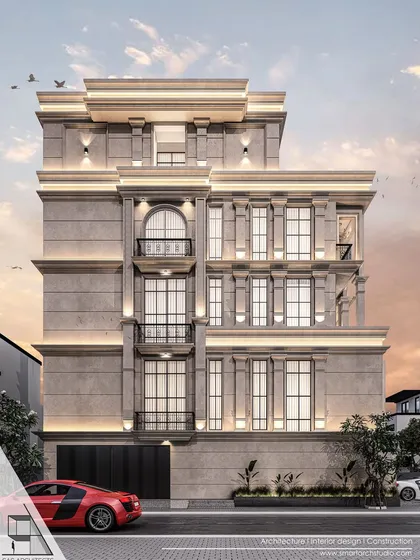 A more restrained neoclassical proposal for Vikaspuri, this design uses subtle moldings and a rhythmic arrangement of vertical windows to create an elegant and sophisticated look.