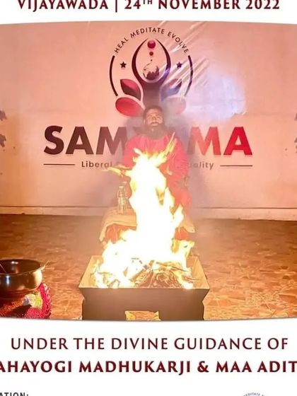 A promotional image for our Siddha Fire Meditation in Vijayawada. A duplicate of ID 12, this powerful visual invites seekers to experience the transformative energy of a fire ceremony.