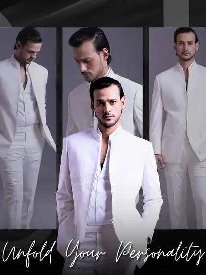 A collage showcasing a white bandhgala suit from multiple angles. This design features a clean, sharp cut that unfolds the wearer's personality with quiet confidence.