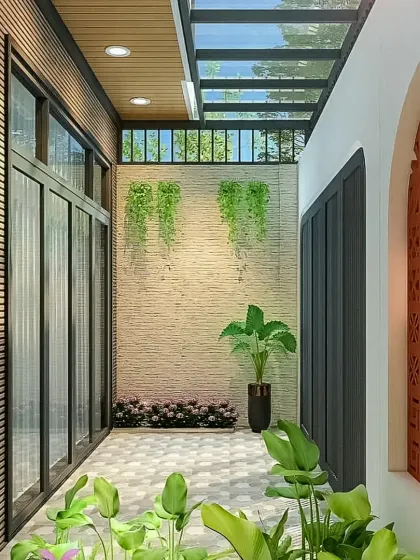 This design for a narrow outdoor corridor or balcony uses a mix of textures, including brick, wood, and patterned tiles. Hanging plants and a decorative terracotta screen add character and create a charming passage.