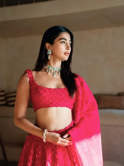 Minimal, but not forgettable. This 3D appliqué embroidered lehenga is perfect for the bride who prefers refined detail over excess. It also works beautifully for bridesmaids looking to complement, not compete, with a look that is both modern and graceful.