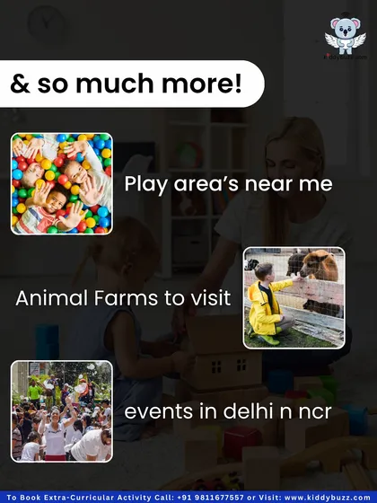 This graphic shows the variety of things parents search for, from play areas to animal farms and events. Kiddybuzz brings all these options into one convenient place.