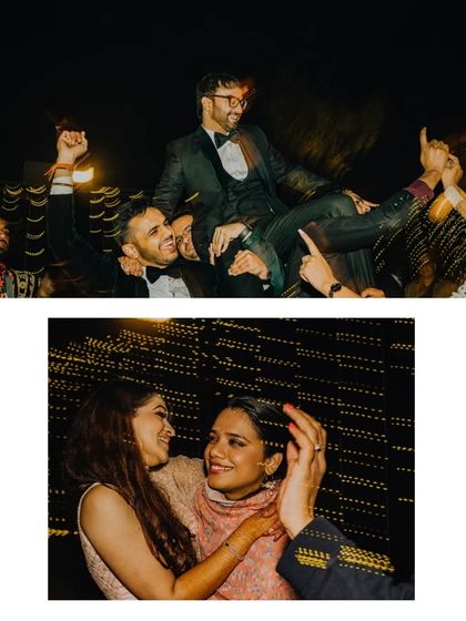 The groom being lifted by his friends and the bride dancing with hers. The Sangeet is all about celebrating with your favorite people.