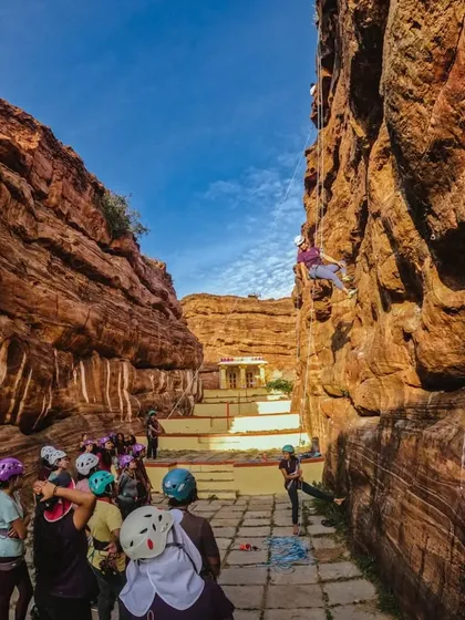 Ready to take it higher? Our roped climbing sessions, like this one in the stunning canyons of Badami, are where we teach you everything you need to know to climb safely and confidently on taller routes.