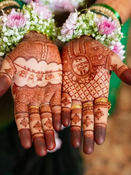 Celebrating a new life with special baby shower mehendi. I designed this with cute motifs like a baby cradle and the sweet message 'I'm Coming Soon' to make the mom-to-be's celebration even more memorable.