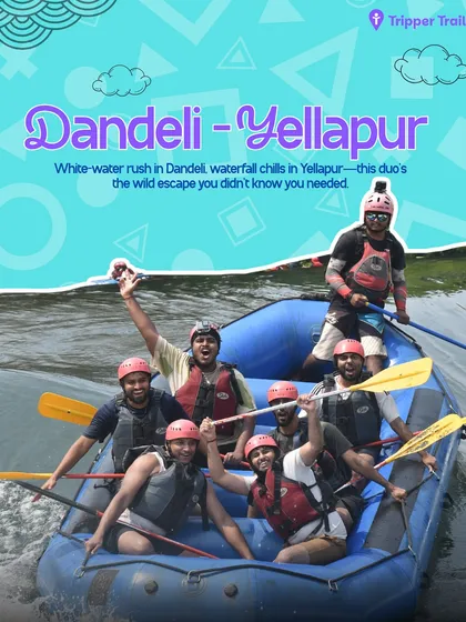 Ready for a wild escape? This is our crew conquering the rapids on a white water rafting trip in Dandeli. We are all about that adrenaline rush, whether it is navigating the wild Kali River or just cheering each other on. This is adventure, unfiltered.