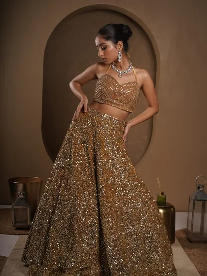 A full-length shot of a stunning sequined lehenga. My goal here was to capture the way the garment glitters under studio lights while showcasing its elegant silhouette and the model's graceful pose for a designer lookbook.