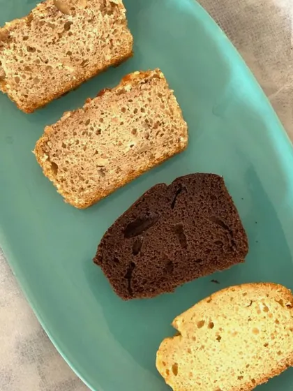 Here are four different tea cake slices from my recipe e-book. You can see the variety you'll learn to make, including a rich double chocolate and a classic vanilla sponge.