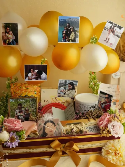 This is what personalization looks like. I created this special hamper featuring a collage of cherished photo memories, balloons, and handpicked treats to celebrate a unique bond. It’s more than a gift; it’s a treasure box of their favorite moments.