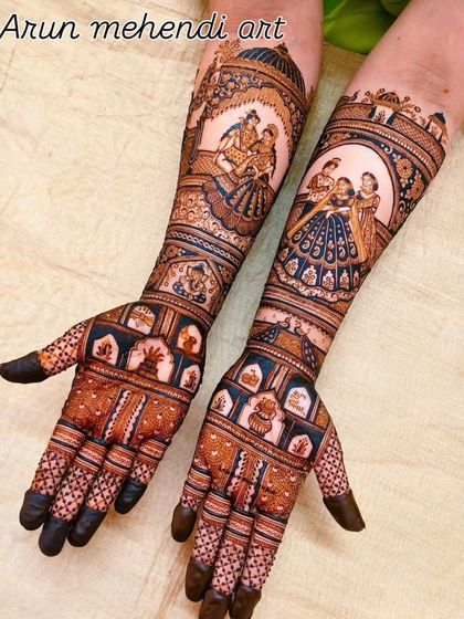 A beautiful design with a blue tint from the lighting, showcasing wedding scenes and intricate patterns on the palms.