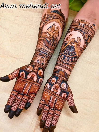 A beautiful design with a blue tint from the lighting, showcasing wedding scenes and intricate patterns on the palms.
